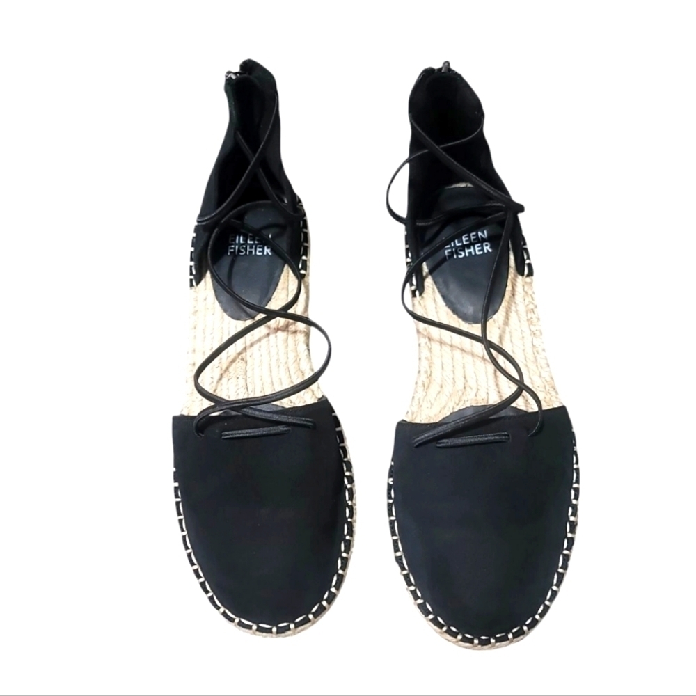 Eileen Fisher Womens Lace Espadrille Flat Sandals Black Nubuck Closed Toe 6.5